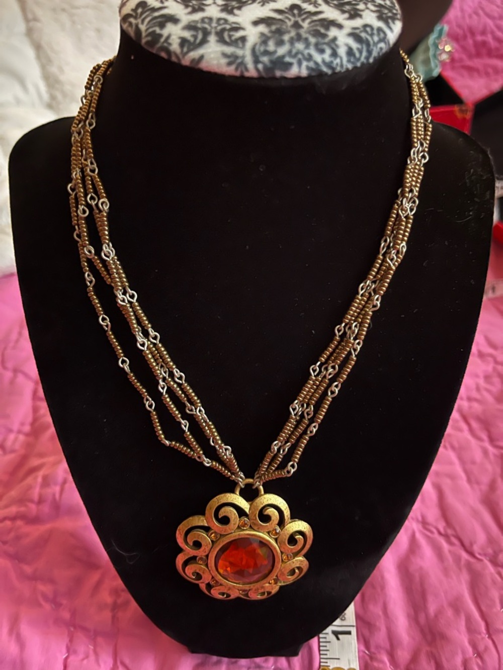 Alex and Ani Gold-Tone Multi-Strand Necklace with Orange Gem Pendant